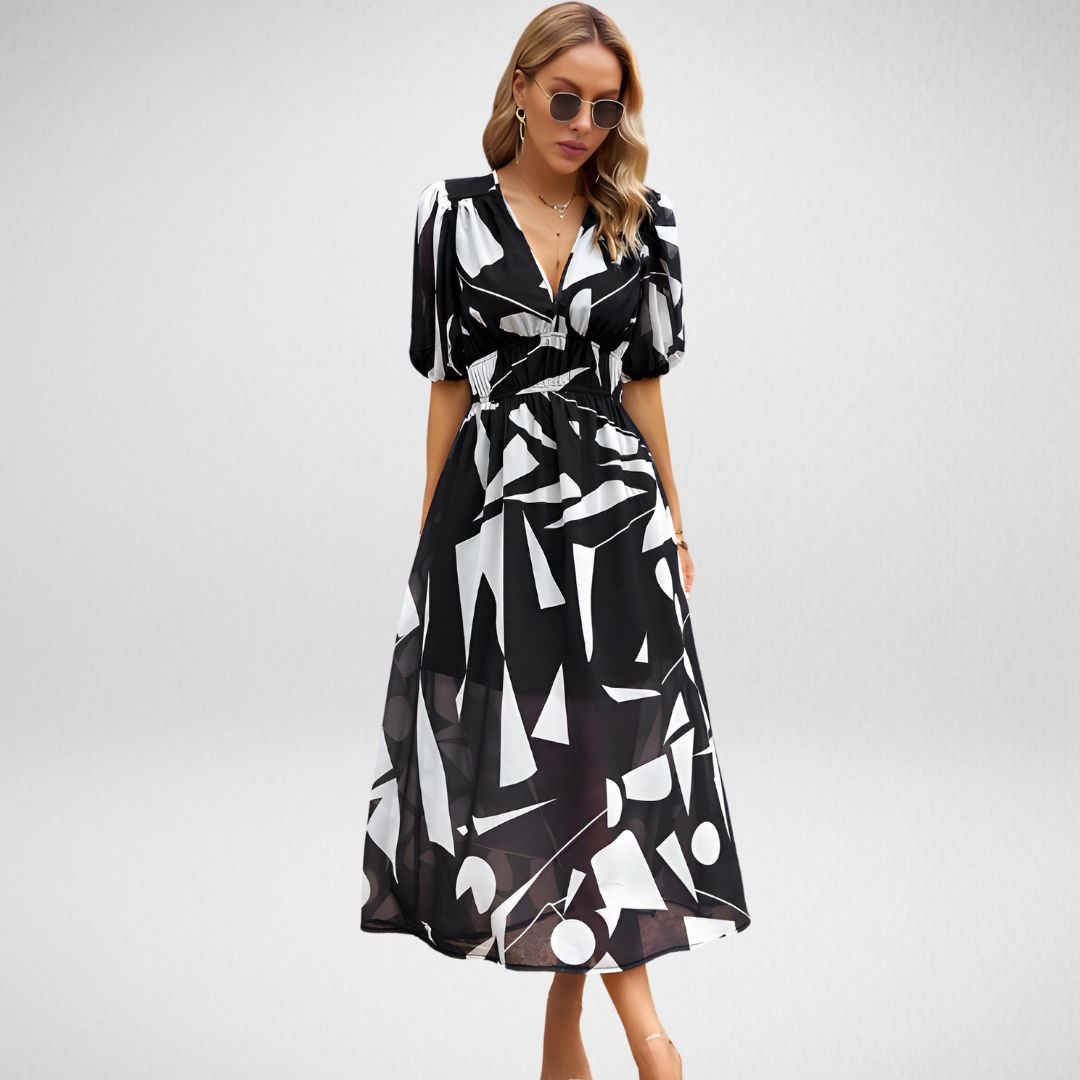 Robe longue femme – Coupe fluide – Manches bouffantes – Décolleté en V élégant