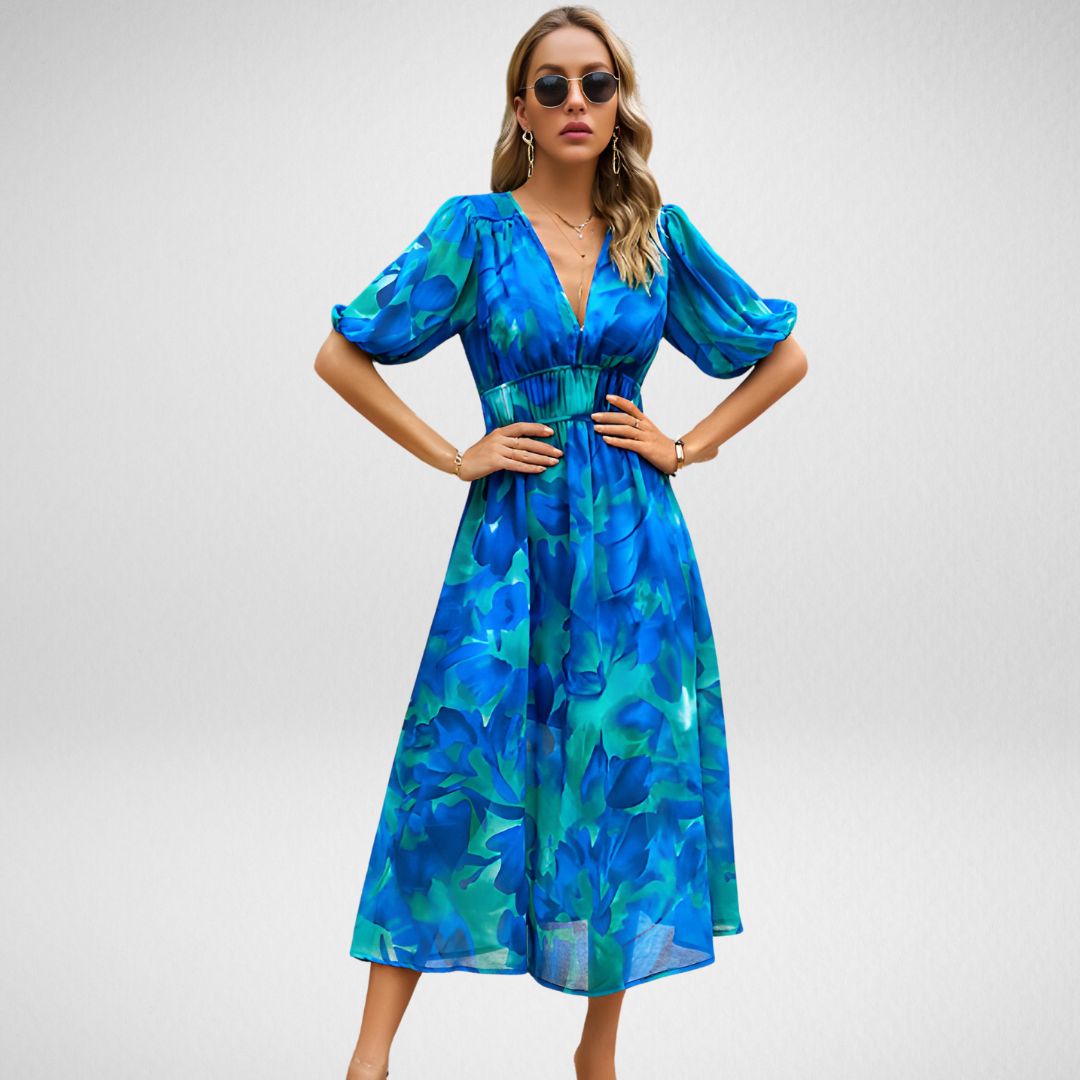 Robe longue femme – Coupe fluide – Manches bouffantes – Décolleté en V élégant