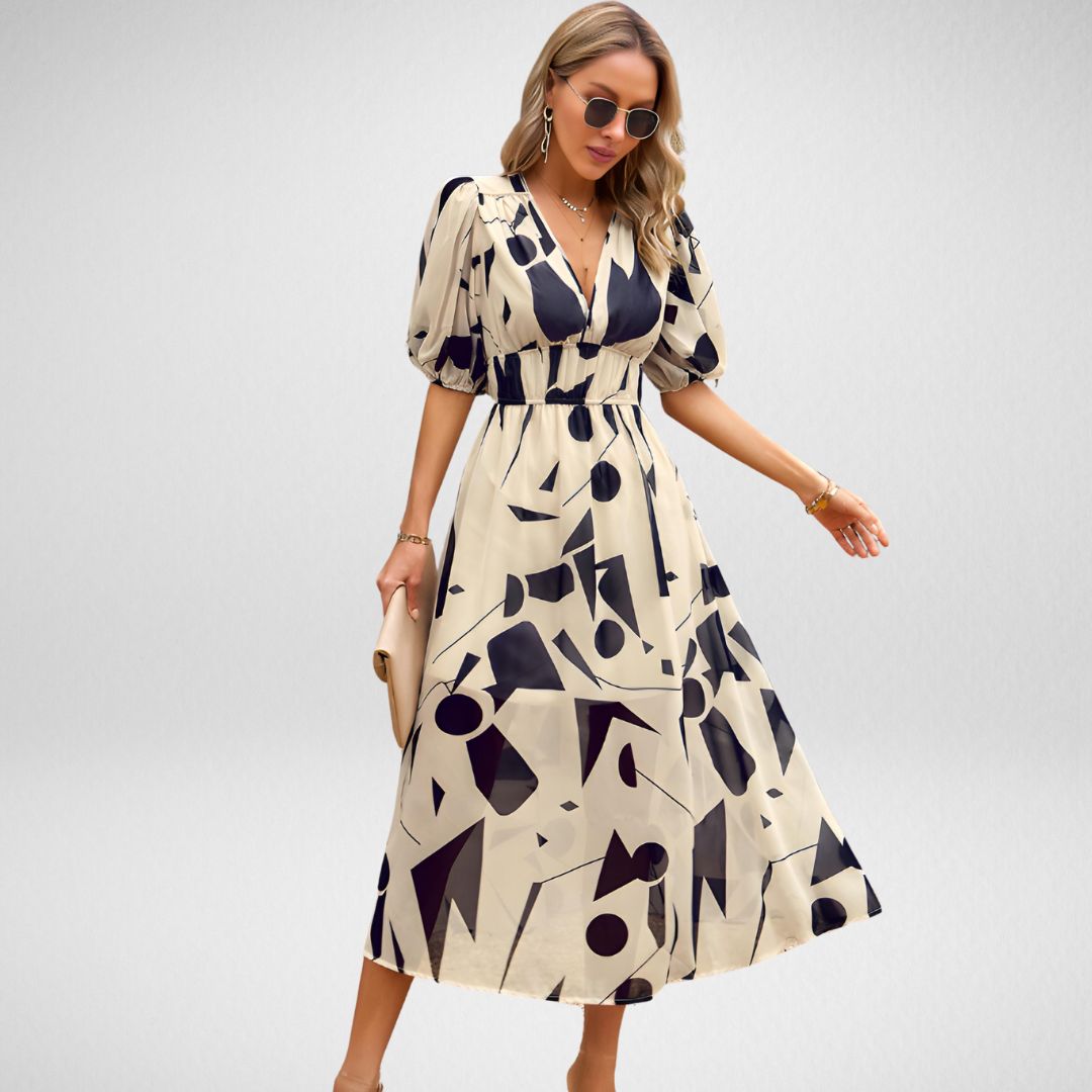 Robe longue femme – Coupe fluide – Manches bouffantes – Décolleté en V élégant