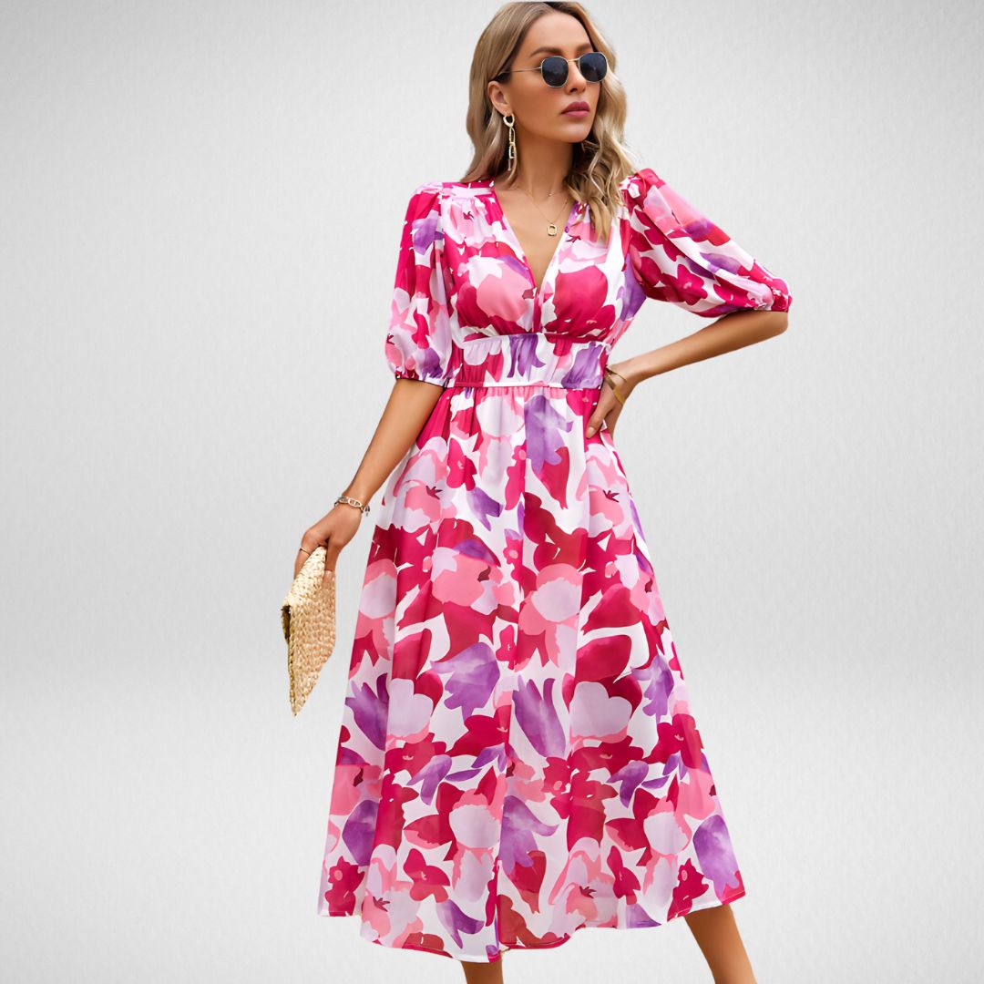 Robe longue femme – Coupe fluide – Manches bouffantes – Décolleté en V élégant