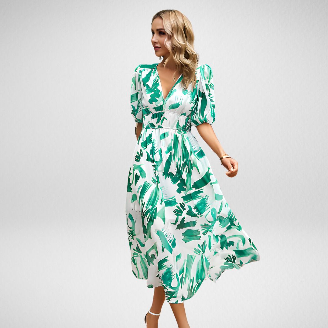 Robe longue femme – Coupe fluide – Manches bouffantes – Décolleté en V élégant