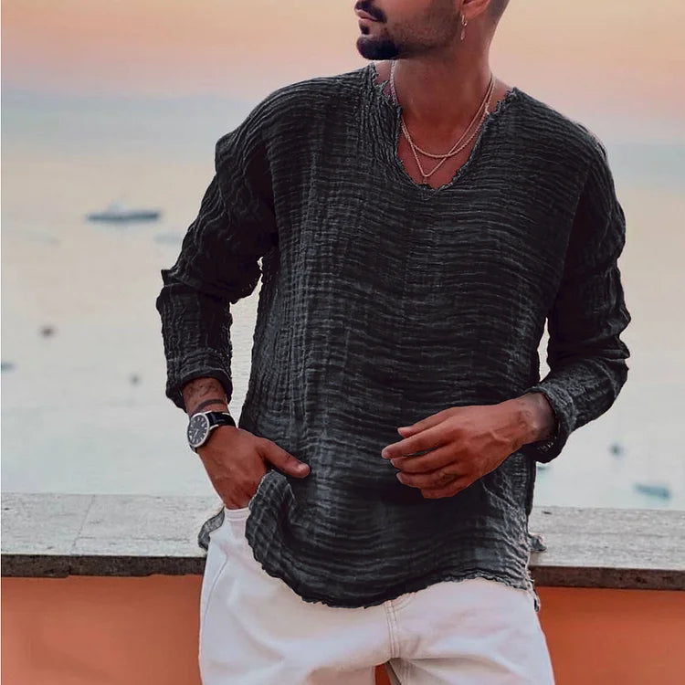 Men's V-neck shirt – Long sleeves – Relaxed fit – Breathable crinkled fabric