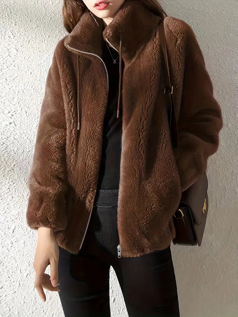 Women's Jacket - Soft Fleece - Oversized Cut - Stand Collar - Zipper Closure