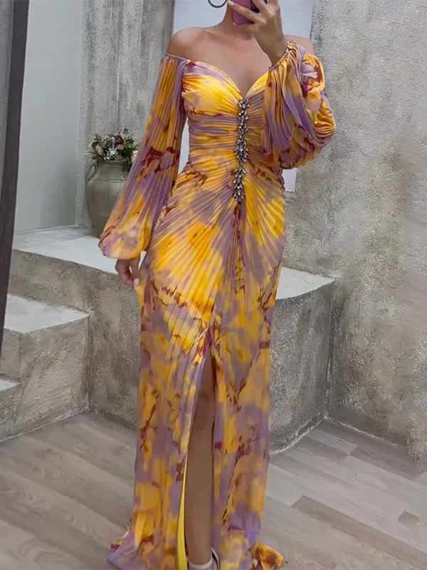 Women's evening dress – Bare shoulders – V-neck – Maxi length – Flowing fabric