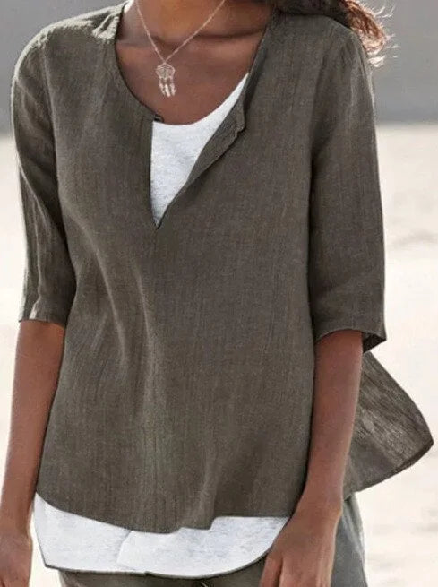 Women's Blouse – Loose Fit – Mid-Length Sleeves – Breathable Natural Fibers