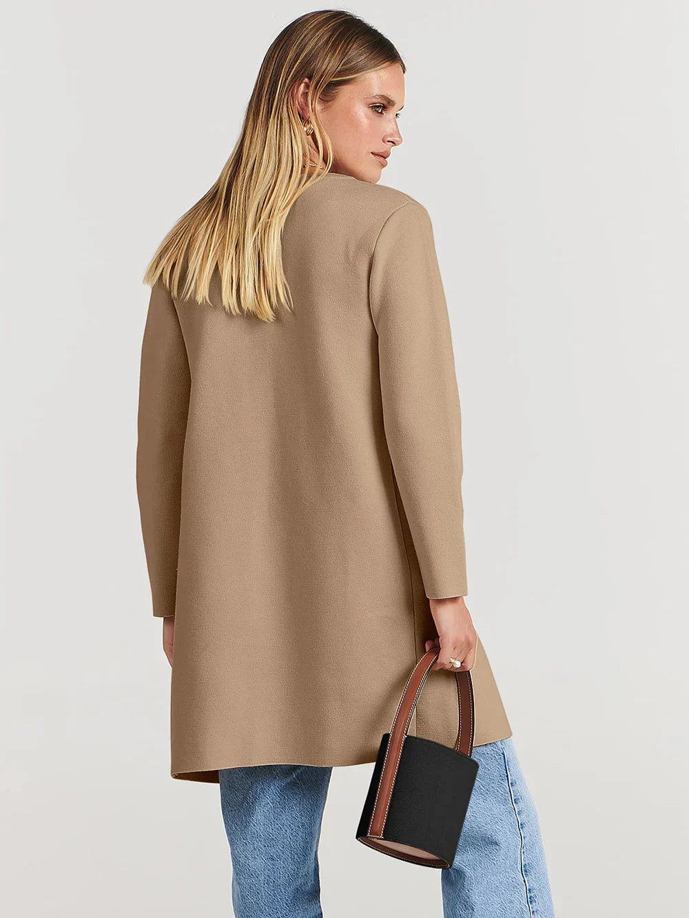 Manteau femme mi-long – Laine mélangée – Coupe droite – Col large – Style épuré