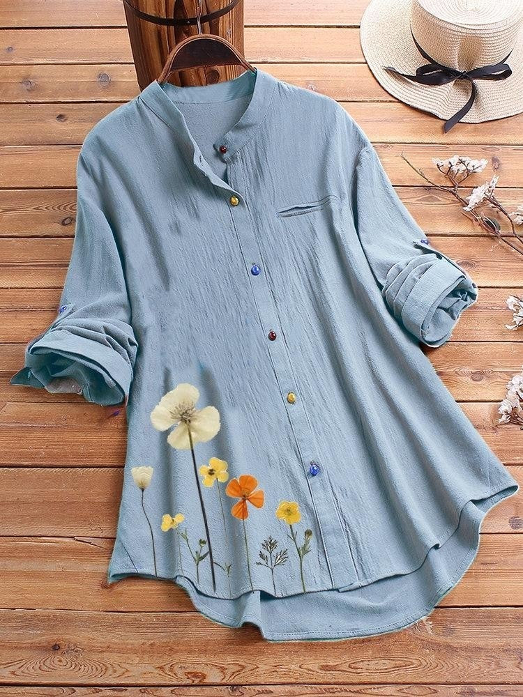 Chemise femme manches longues – Coupe décontractée – Col montant – Tissu respirant – Imprimé fleuri