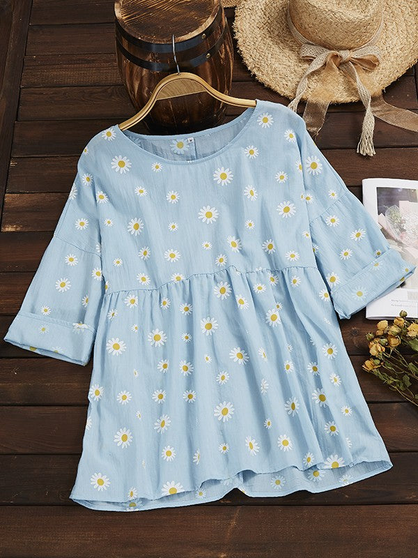 Casual women's top – Loose fit – Short sleeves – Floral pattern – Breathable fabric