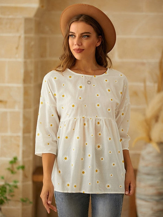 Casual women's top – Loose fit – Short sleeves – Floral pattern – Breathable fabric