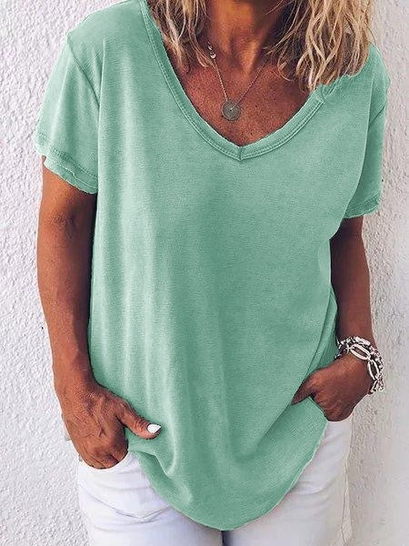 T-shirt femme – Coupe décontractée – Tissu respirant doux – Manches courtes – Col V