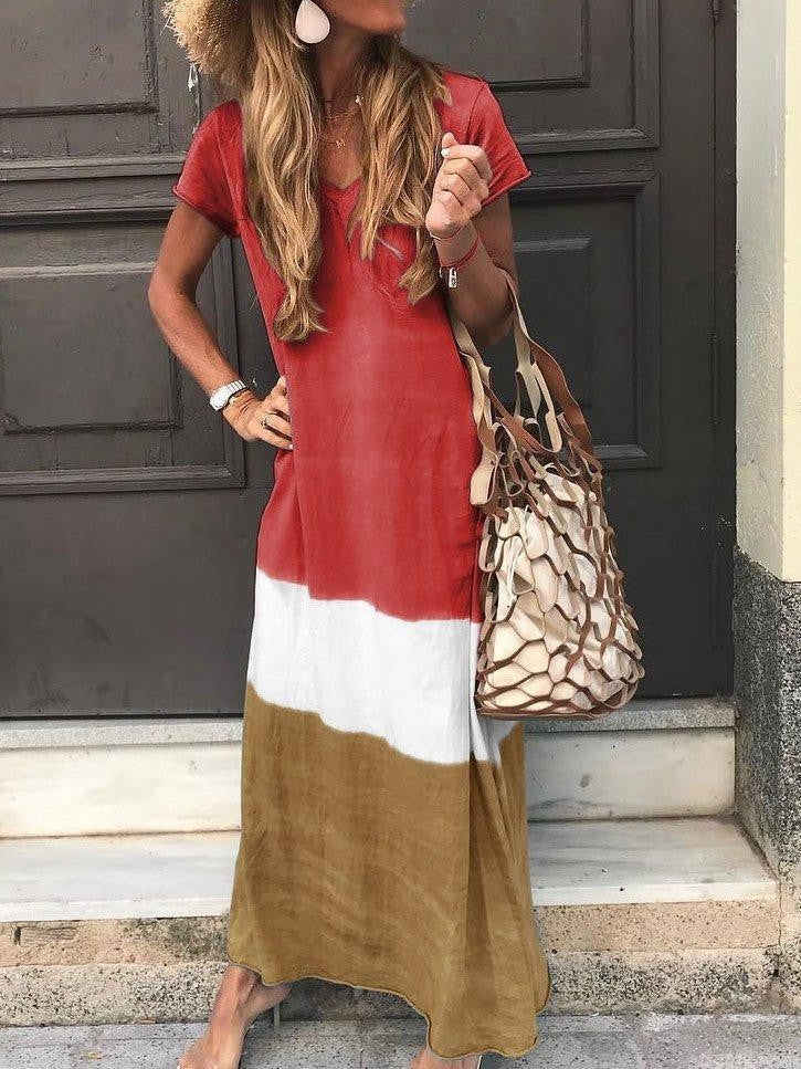 Women's Long Dress – Loose Fit – Breathable Fabric – Short Sleeves – V Neck – Striped Patchwork