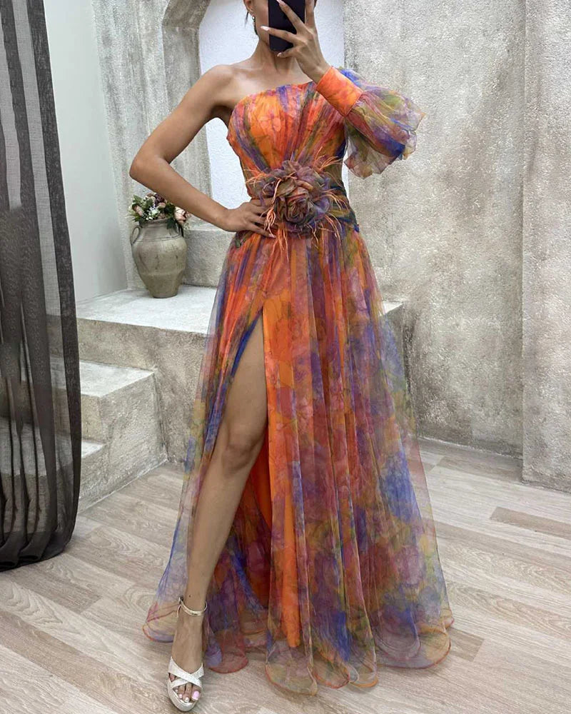 Robe de soirée femme – Une épaule – Fente haute – Tissu fluide élégant