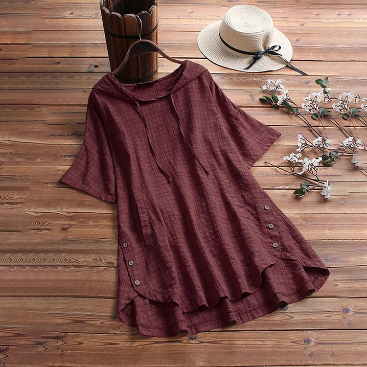 Women's T-shirt – Loose fit – Elbow-length sleeves – Button detail – Breathable fabric