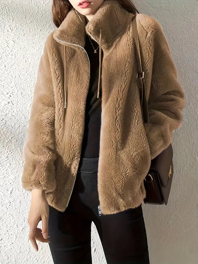 Women's Jacket - Soft Fleece - Oversized Cut - Stand Collar - Zipper Closure
