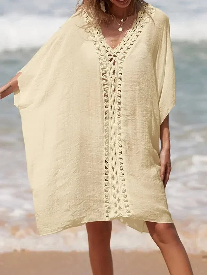 Women's kimono – Fluid cut – Natural fibers – Short sleeves – V-neck lace