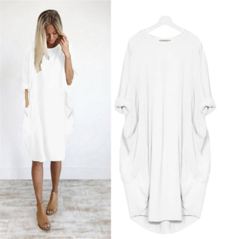 Women's Midi Dress – Loose Fit – Breathable Fabric – Round Neck – Side Pockets