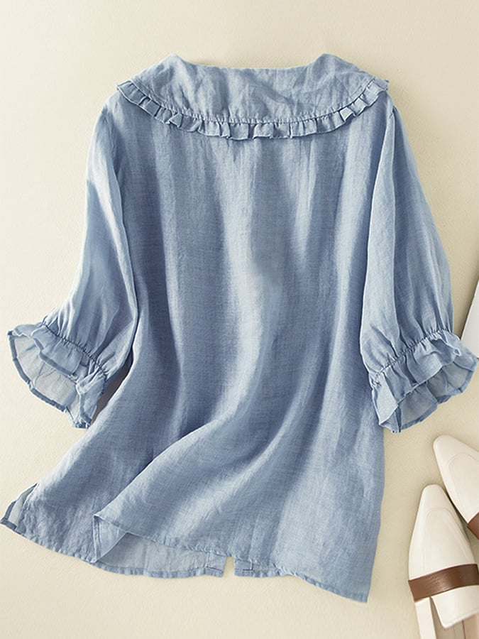 Chemise femme ample – Fibres naturelles – Col Claudine à volants – Manches 3/4
