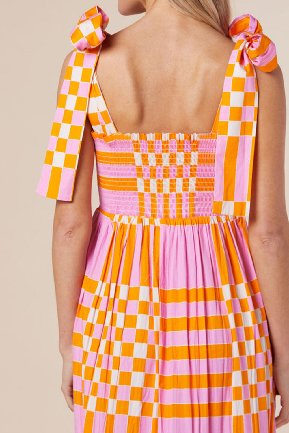 Robe longue femme – Coupe évasée – Coton léger – Bretelles nœud – Motif à carreaux