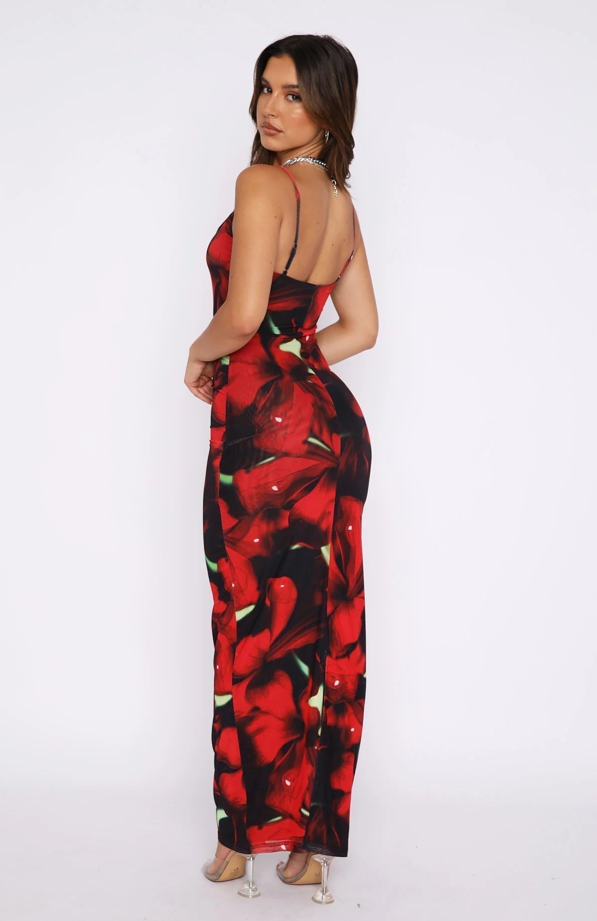 Robe longue femme – Coupe slim – Bretelles fines – Imprimé floral – Tissu léger