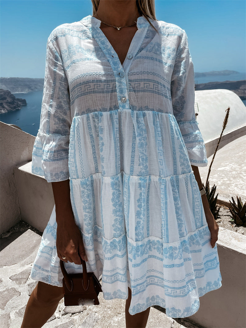 Mini dress for women – Flowy flared cut – Natural fibers – Layered ruffles – Buttoned