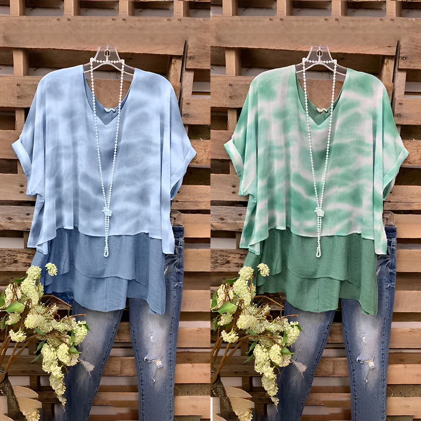 Women's blouse – Flowy fit – Breathable fabric – Short sleeves – V-neck – Layered style