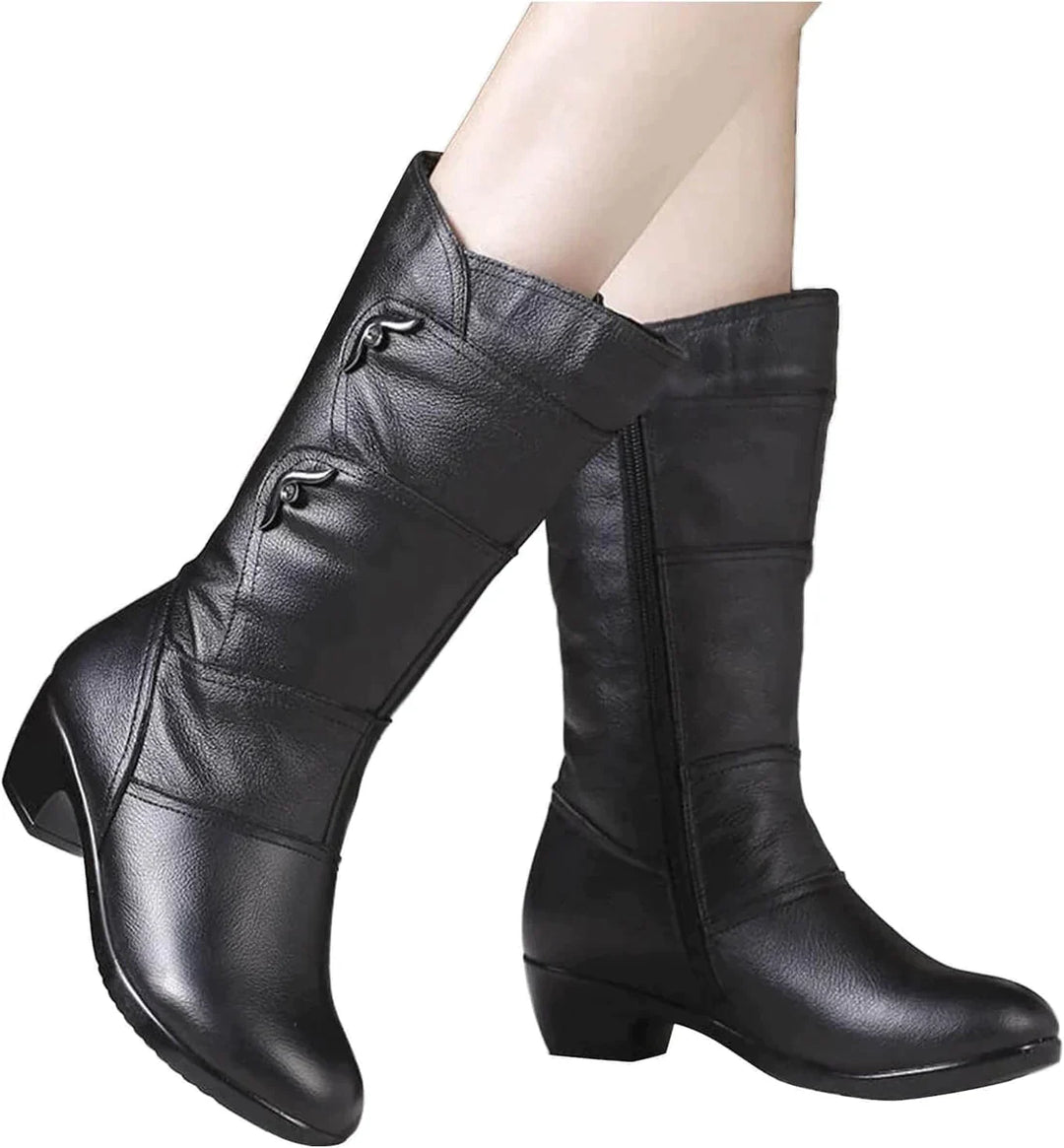 Women’s Mid-Calf Winter Boots – Sleek Leather-Like Finish – Side Zip – Low Heel Comfort