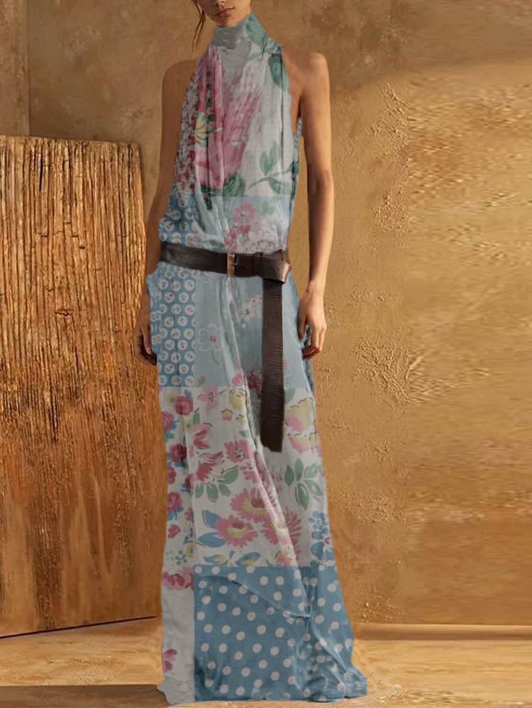 Robe maxi femme – Col montant – Sans manches – Ceinture intégrée