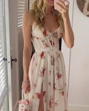 Robe midi femme – silhouette fluide – dentelle florale – fente élégante