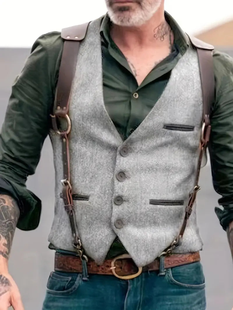 Men's vest – Slim fit – Textured fabric – V-neck – Leather details