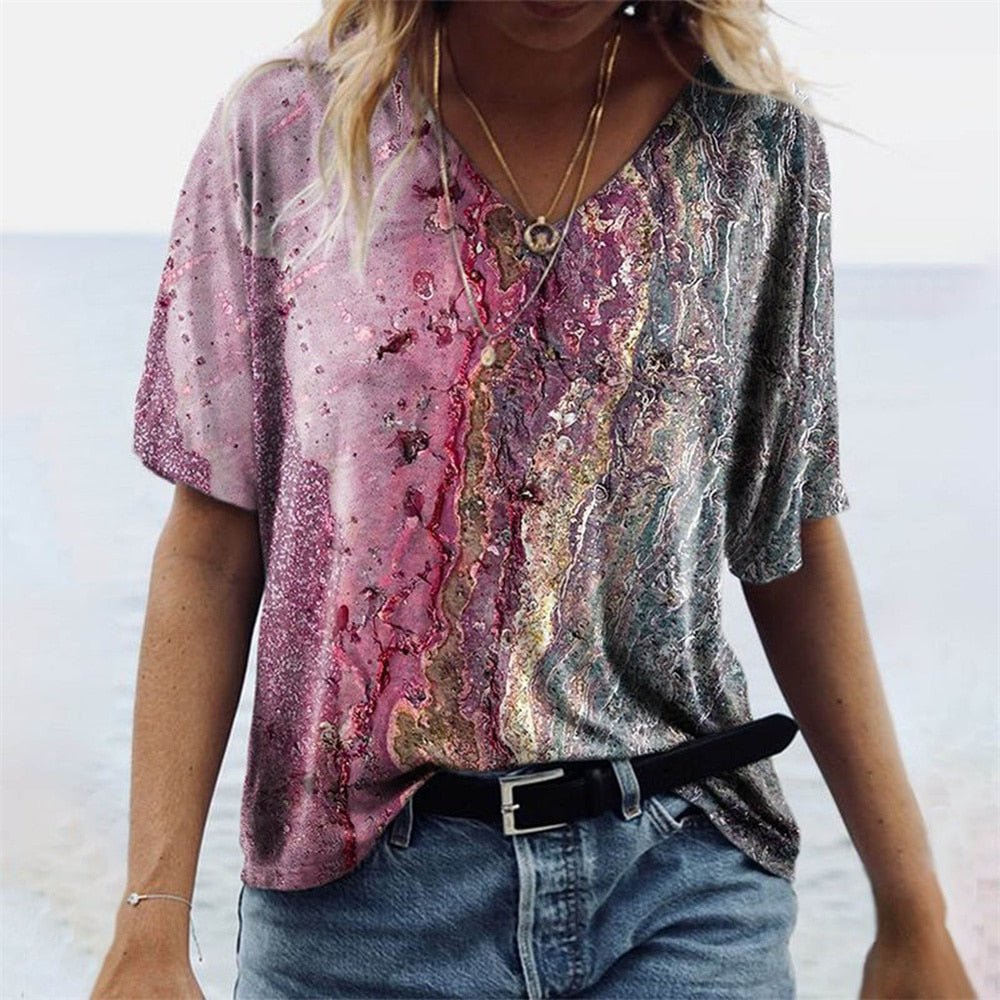 Women's T-shirt – Relaxed fit – V-neck – Short sleeves – Boho print