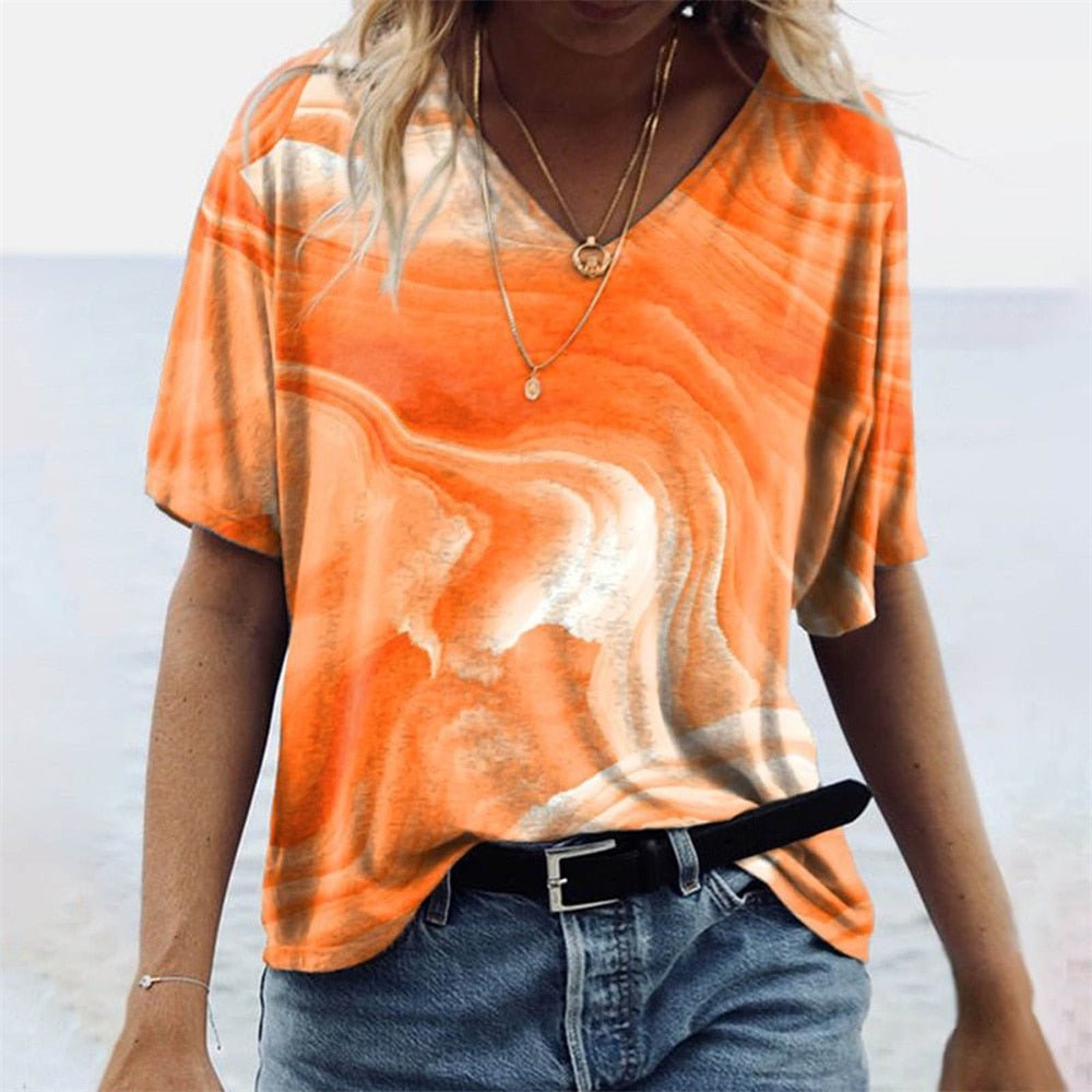 Women's T-shirt – Relaxed fit – V-neck – Short sleeves – Boho print
