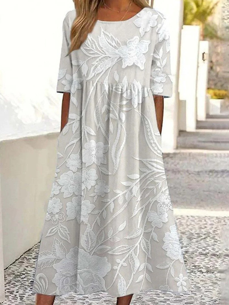 Women's flared dress – Floral lace – Short sleeves – Breathable fabric – Elegant midi