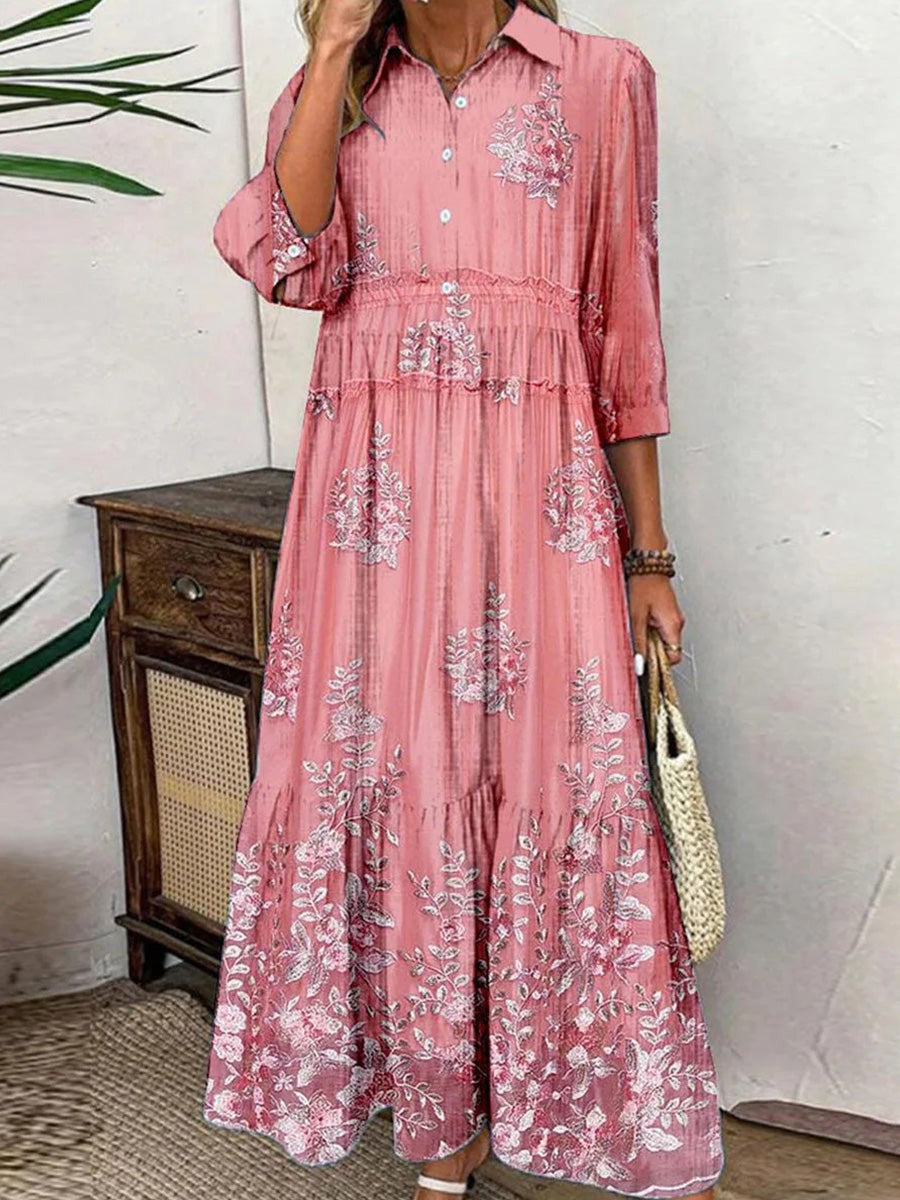 Women's long dress – Flared cut – Breathable fabric – 3/4 sleeves – Floral buttoned