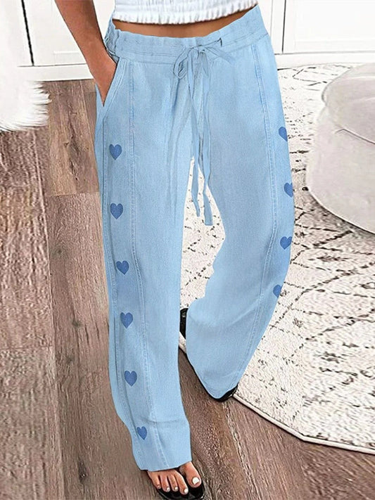 Wide women's pants – Relaxed fit – Drawstring waist – Heart detail – Breathable fabric