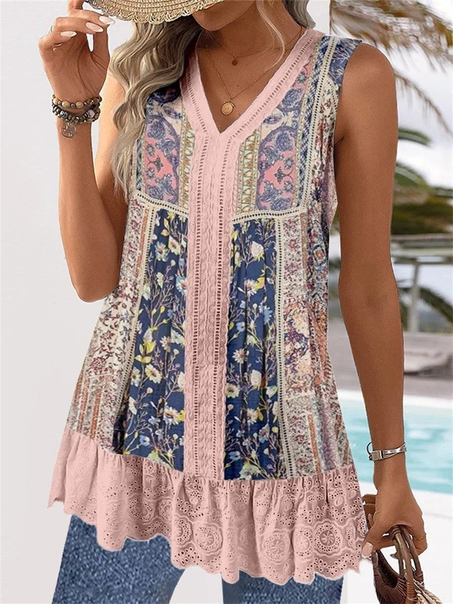 Women's sleeveless top – Casual fit – V-neck – Boho embroidered hem – Breathable fabric