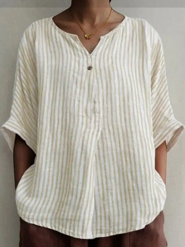 Women's blouse – Loose fit – Mid-length sleeves – Stripes – Breathable natural fibers