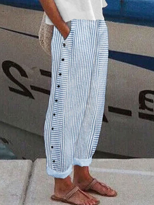 Wide women's pants – Flowing cut – Breathable fabric – Stripes and decorative buttons