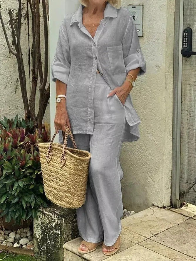 Women's set – Natural fibers – Long buttoned top – Wide flowing pants
