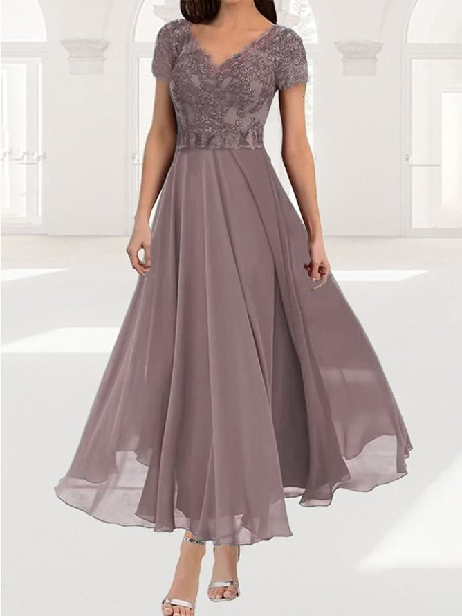 Women's long dress – V-neck – Short lace sleeves – Fluid fall