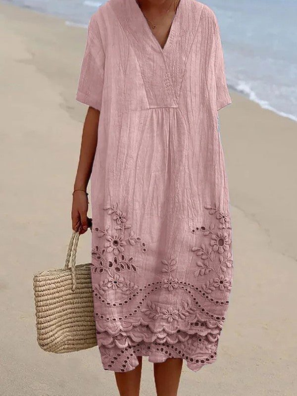 Robe midi femme – Coupe fluide – Col en V – Manches courtes – Broderie florale – Ourlet en dentelle