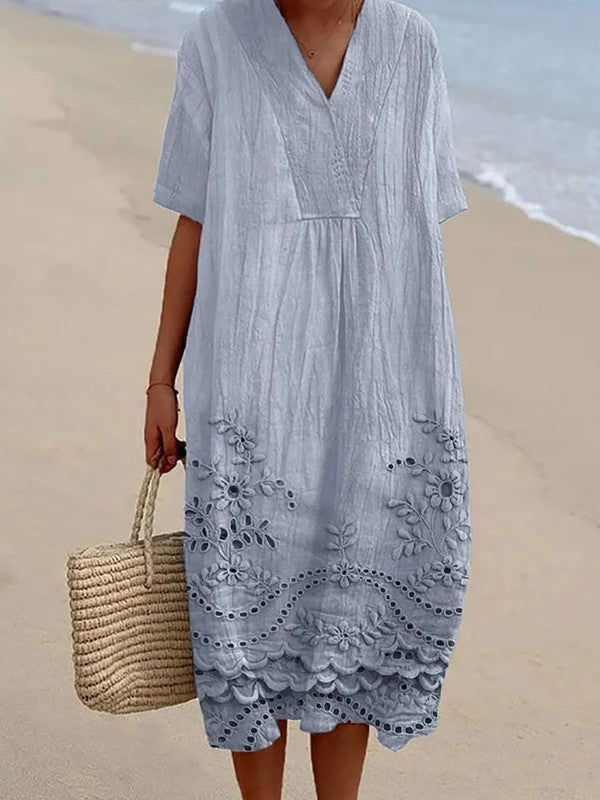 Robe midi femme – Coupe fluide – Col en V – Manches courtes – Broderie florale – Ourlet en dentelle