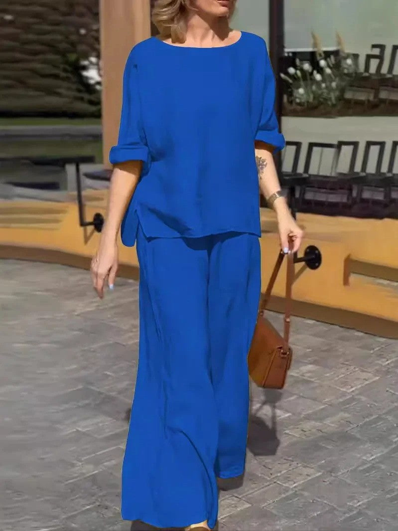 Women's Two-Piece Set – Breathable Fabric – Loose Top Mid-Length Sleeves – Wide-Leg High-Waist Pants