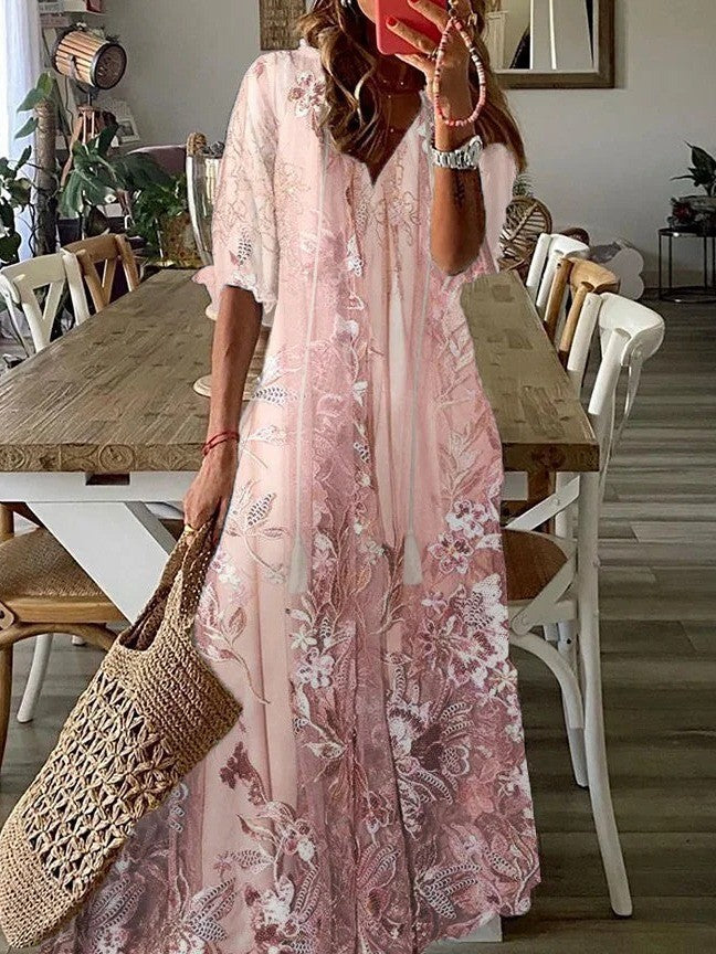 Women's long dress – Loose fit – V-neck – Floral lace – Three-quarter sleeves