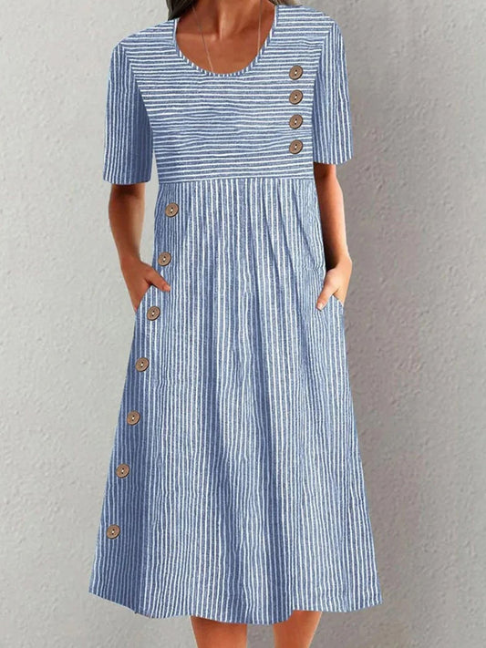 Women's midi dress – Loose fit – Contrasting stripes – Decorative buttons – Breathable fabric