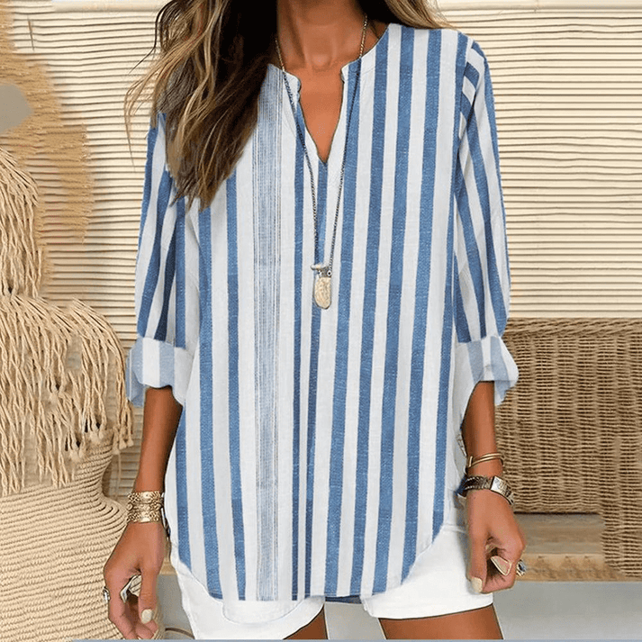 Women's tunic – Loose fit – Natural fibres – Sleeves 3/4 – V-neck – Striped