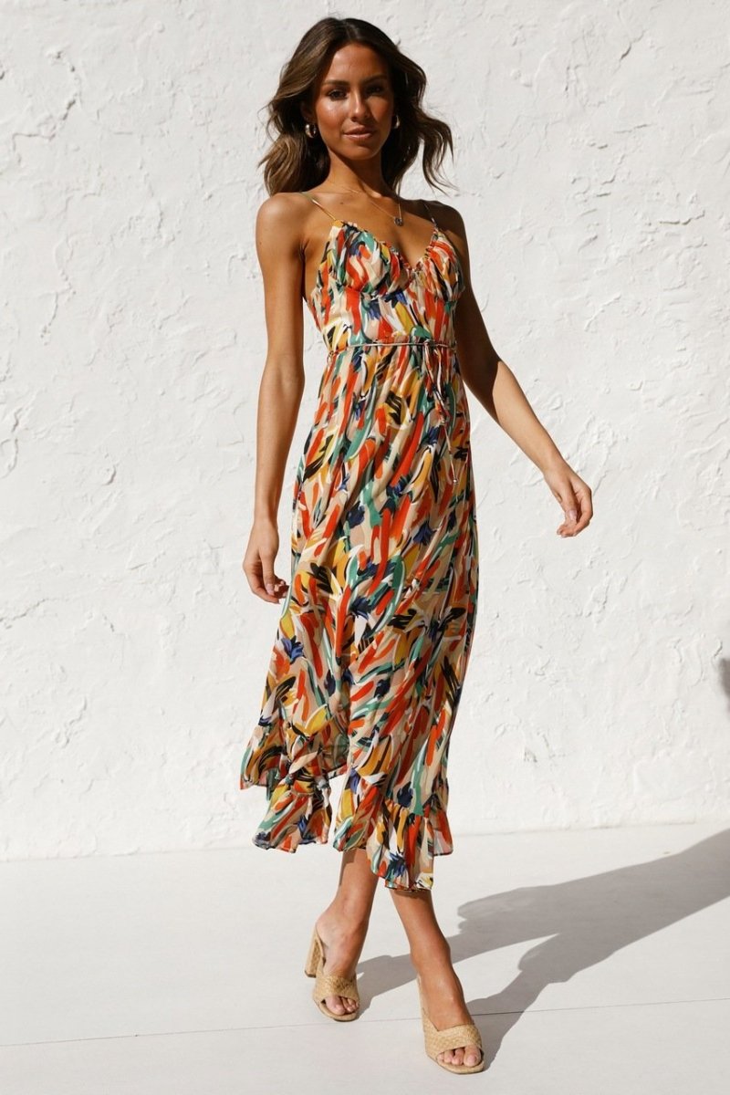 Robe midi femme – Coupe fluide – Chiffon léger – Bretelles fines – Ourlet volanté