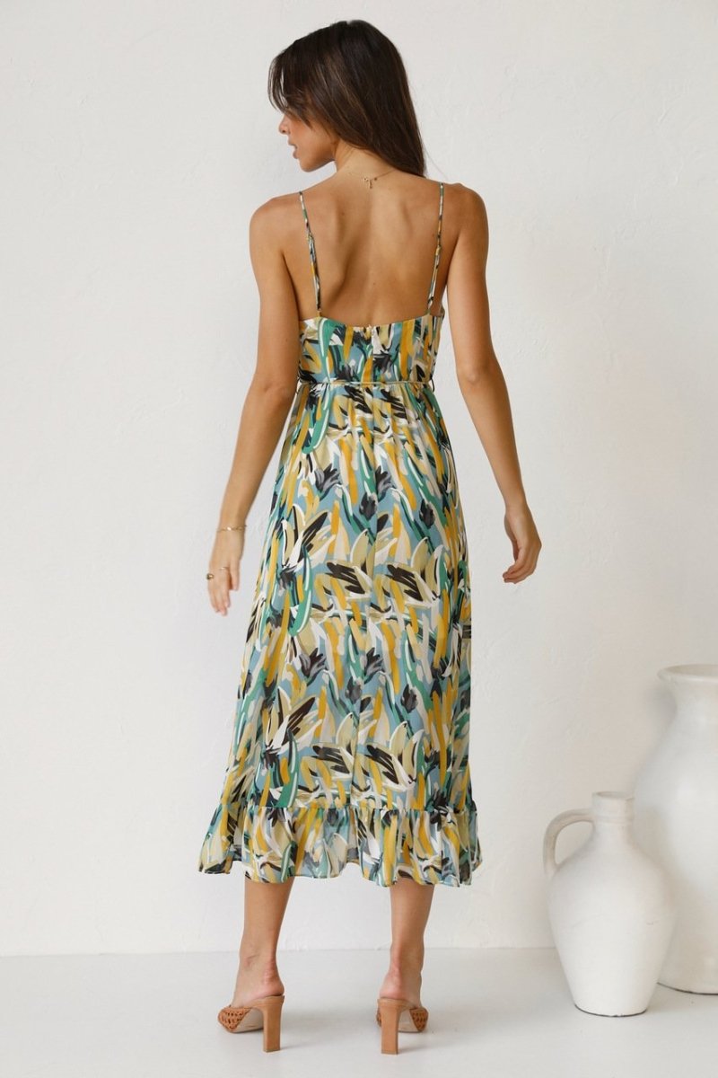 Robe midi femme – Coupe fluide – Chiffon léger – Bretelles fines – Ourlet volanté