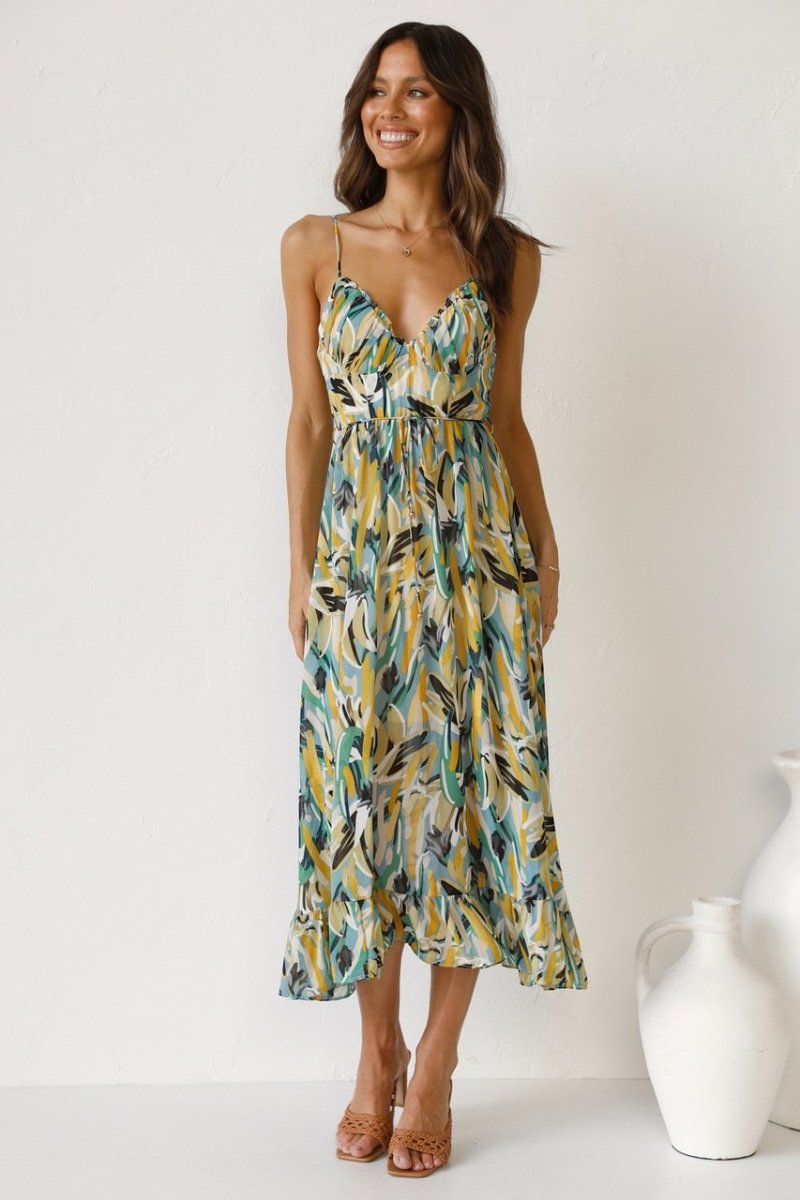 Robe midi femme – Coupe fluide – Chiffon léger – Bretelles fines – Ourlet volanté