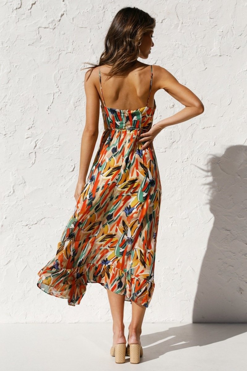 Robe midi femme – Coupe fluide – Chiffon léger – Bretelles fines – Ourlet volanté