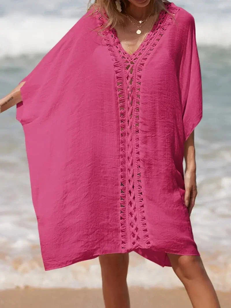Women's kimono – Fluid cut – Natural fibers – Short sleeves – V-neck lace